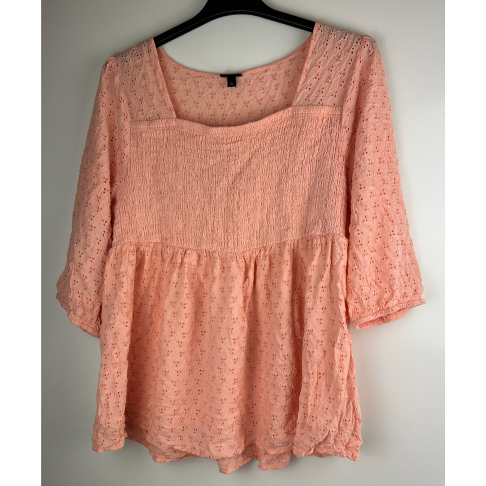 Torrid Voile Eyelet Smocked Babydoll 3/4 Sleeve Top Peach Women's Plus Size 3 3X - Picture 2 of 10